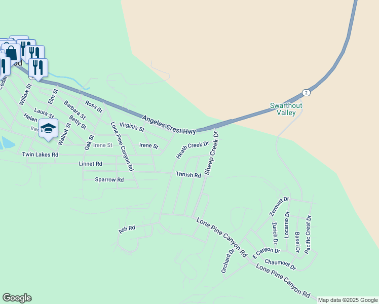map of restaurants, bars, coffee shops, grocery stores, and more near 5726 Lodgepole Drive in Wrightwood