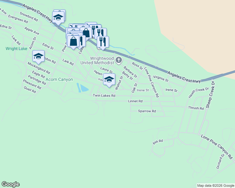 map of restaurants, bars, coffee shops, grocery stores, and more near 1532 Twin Lakes Road in Wrightwood