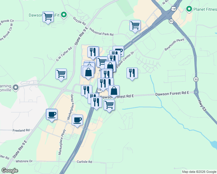map of restaurants, bars, coffee shops, grocery stores, and more near 837 Georgia 400 in Dawsonville
