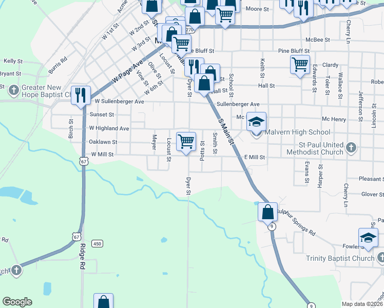 map of restaurants, bars, coffee shops, grocery stores, and more near 1522 Dyer Street in Malvern
