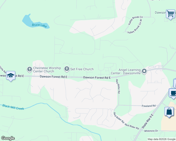 map of restaurants, bars, coffee shops, grocery stores, and more near 66 Depot Drive in Dawsonville