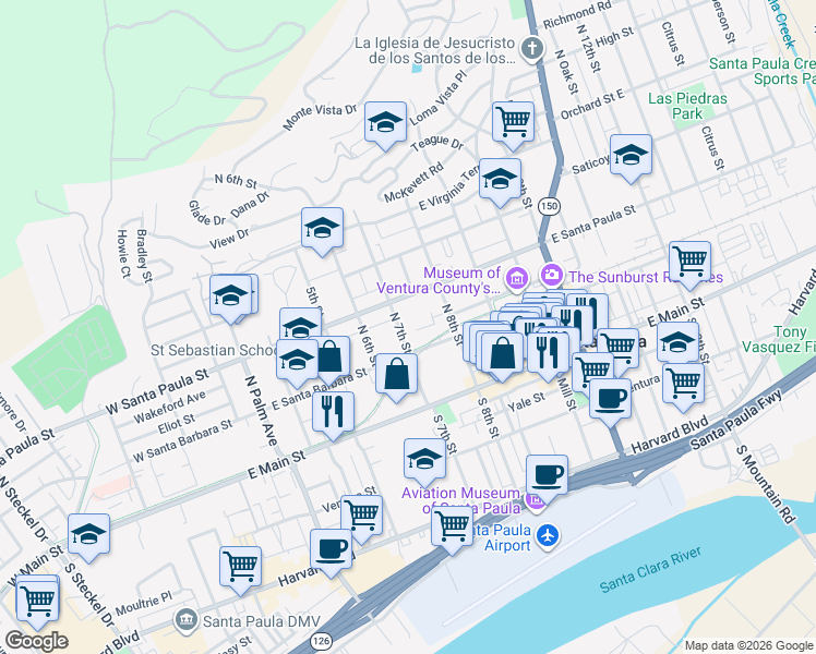 map of restaurants, bars, coffee shops, grocery stores, and more near 221 North 7th Street in Santa Paula