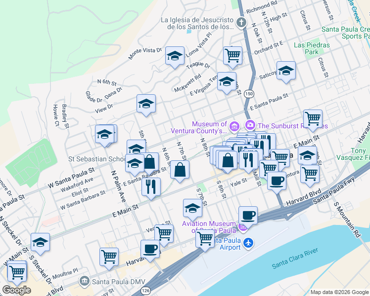 map of restaurants, bars, coffee shops, grocery stores, and more near 221 North 7th Street in Santa Paula