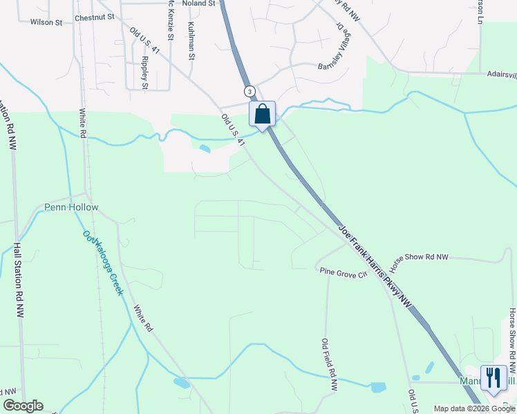 map of restaurants, bars, coffee shops, grocery stores, and more near 234 Sun Moon Lake Street in Adairsville