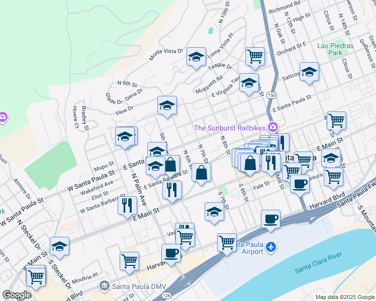 map of restaurants, bars, coffee shops, grocery stores, and more near 235 North 6th Street in Santa Paula