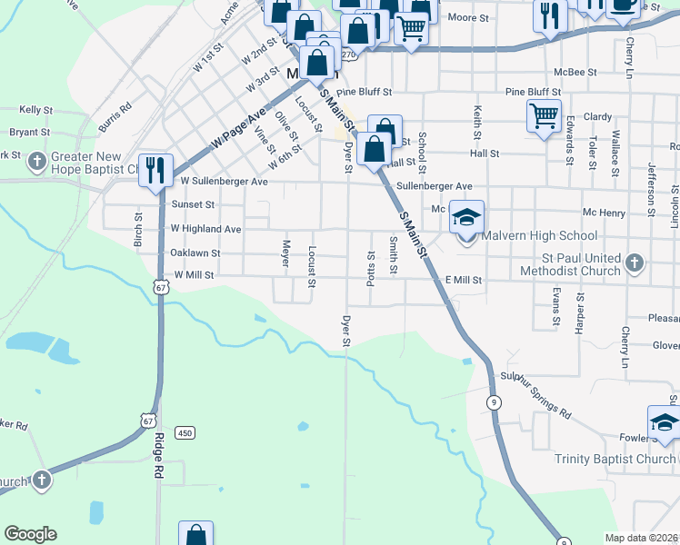 map of restaurants, bars, coffee shops, grocery stores, and more near 1522 Dyer Street in Malvern