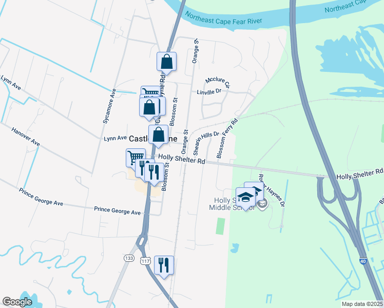 map of restaurants, bars, coffee shops, grocery stores, and more near 103 Shearin Hills Drive in Castle Hayne
