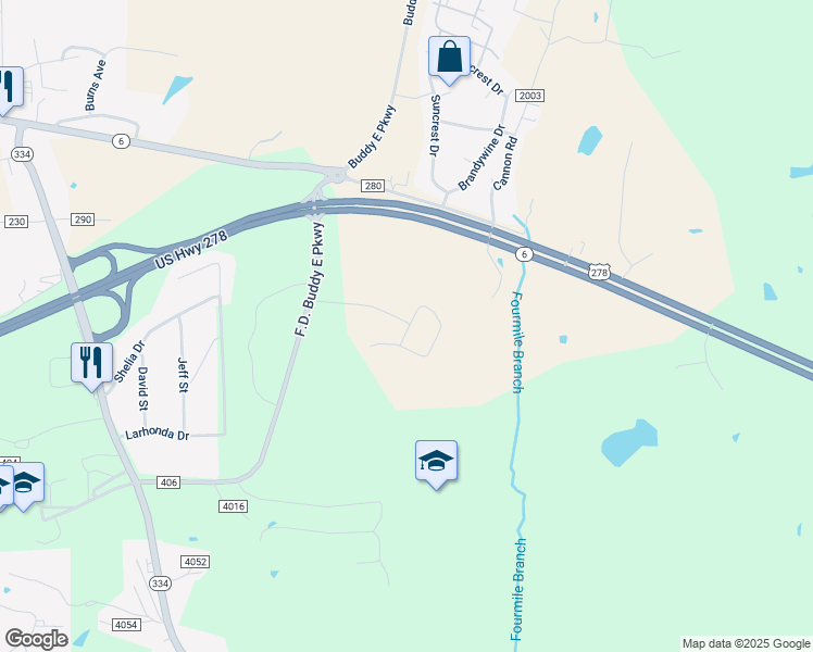 map of restaurants, bars, coffee shops, grocery stores, and more near 70 F.D. Buddy East Parkway in Oxford