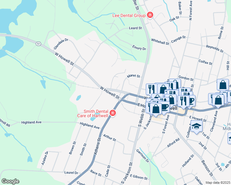 map of restaurants, bars, coffee shops, grocery stores, and more near 64 West Howell Street in Hartwell