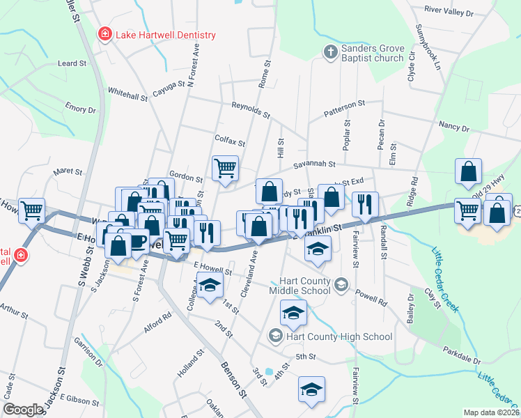 map of restaurants, bars, coffee shops, grocery stores, and more near 415 East Johnson Street in Hartwell