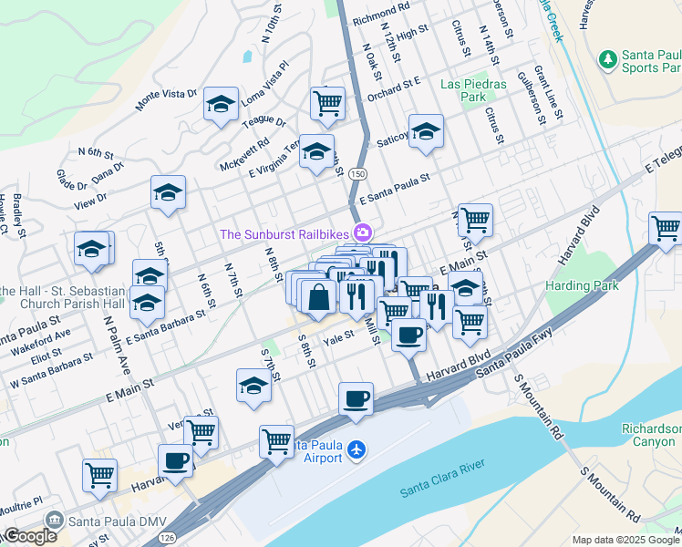 map of restaurants, bars, coffee shops, grocery stores, and more near 134 North Mill Street in Santa Paula