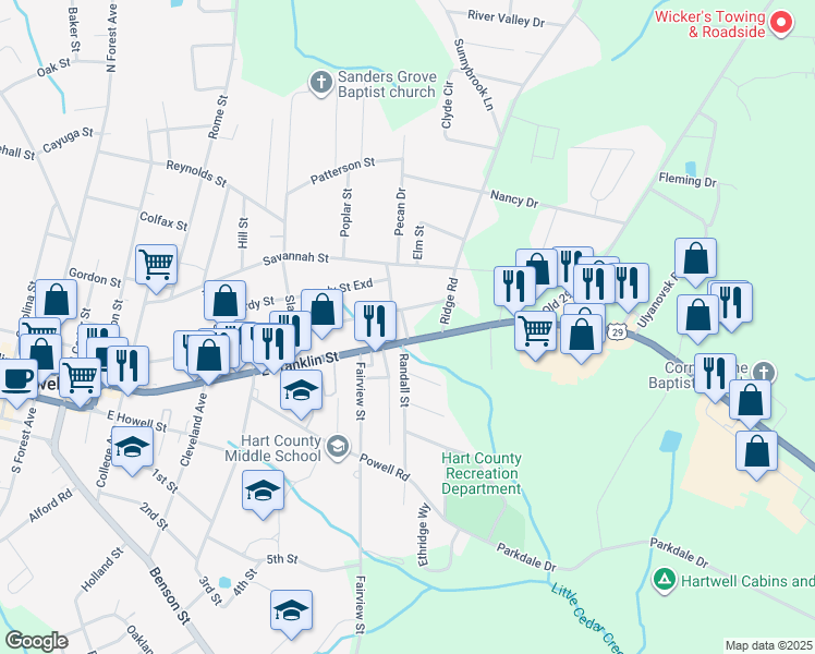map of restaurants, bars, coffee shops, grocery stores, and more near 45 Walnut Street in Hartwell