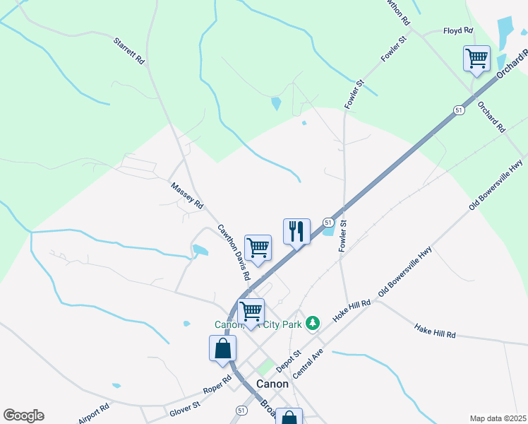 map of restaurants, bars, coffee shops, grocery stores, and more near 5865 Georgia 17 in Canon