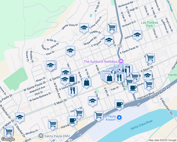 map of restaurants, bars, coffee shops, grocery stores, and more near 217 North 7th Street in Santa Paula