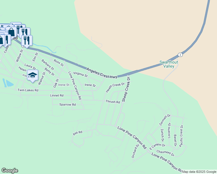 map of restaurants, bars, coffee shops, grocery stores, and more near 5744 Heath Creek Drive in Wrightwood