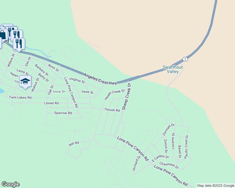 map of restaurants, bars, coffee shops, grocery stores, and more near 5771 Heath Creek Drive in Wrightwood