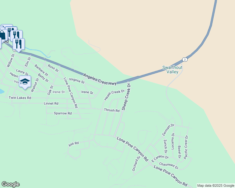 map of restaurants, bars, coffee shops, grocery stores, and more near 5771 Heath Creek Drive in Wrightwood