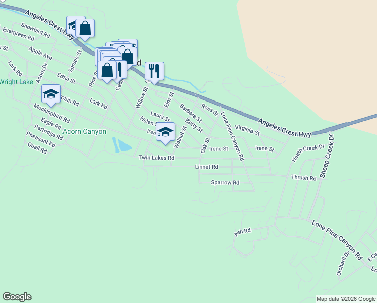 map of restaurants, bars, coffee shops, grocery stores, and more near 1594 Twin Lakes Road in Wrightwood