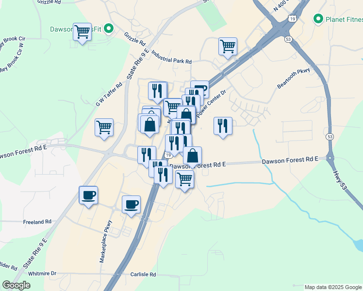 map of restaurants, bars, coffee shops, grocery stores, and more near 837 Georgia 400 in Dawsonville