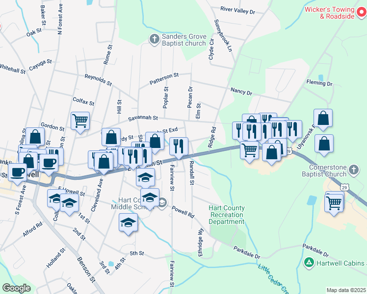 map of restaurants, bars, coffee shops, grocery stores, and more near 45 Walnut Street in Hartwell