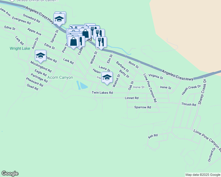 map of restaurants, bars, coffee shops, grocery stores, and more near 1498 Oriole Road in Wrightwood