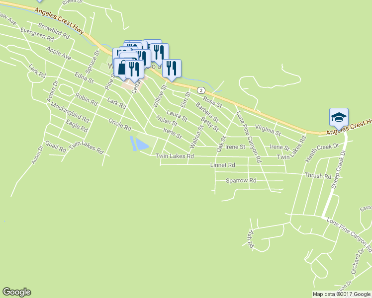 map of restaurants, bars, coffee shops, grocery stores, and more near 1498 Oriole Road in Wrightwood