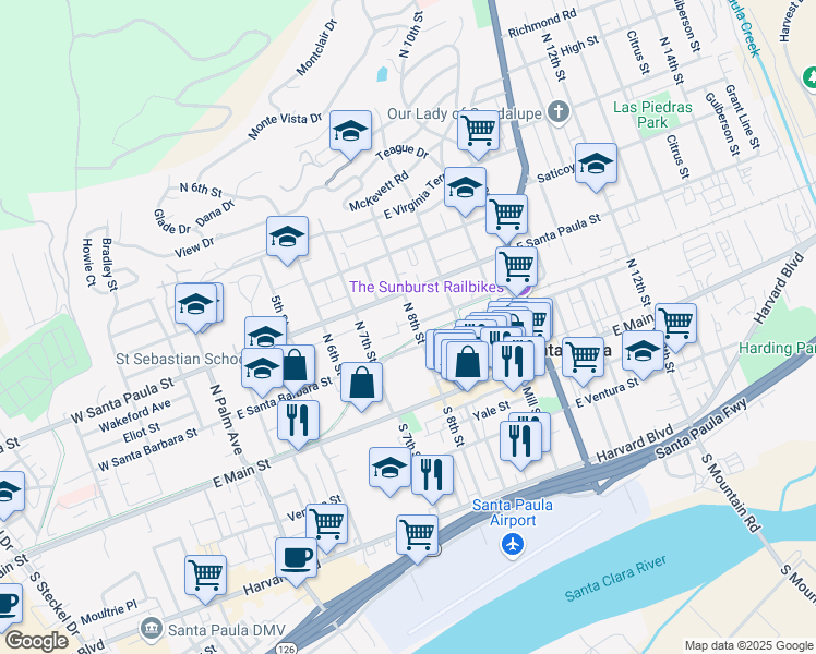 map of restaurants, bars, coffee shops, grocery stores, and more near 214 North 8th Street in Santa Paula