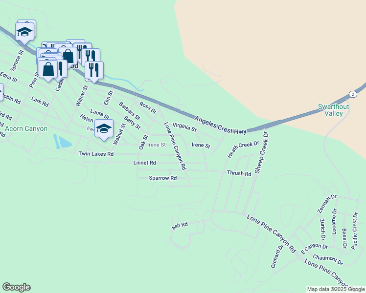 map of restaurants, bars, coffee shops, grocery stores, and more near 1799 Betty Street in Wrightwood