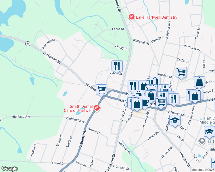 map of restaurants, bars, coffee shops, grocery stores, and more near Athens St in Hartwell