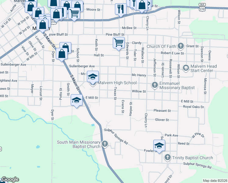 map of restaurants, bars, coffee shops, grocery stores, and more near 904 East Mill Street in Malvern