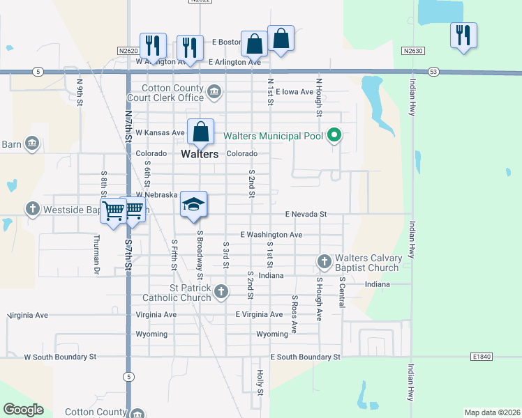 map of restaurants, bars, coffee shops, grocery stores, and more near 312 East Nevada Street in Walters