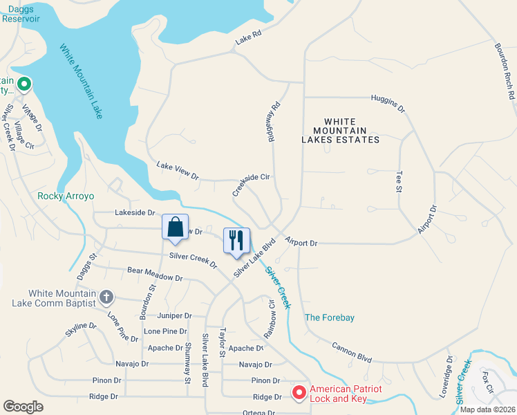 map of restaurants, bars, coffee shops, grocery stores, and more near 1928 Creekside Circle in Show Low