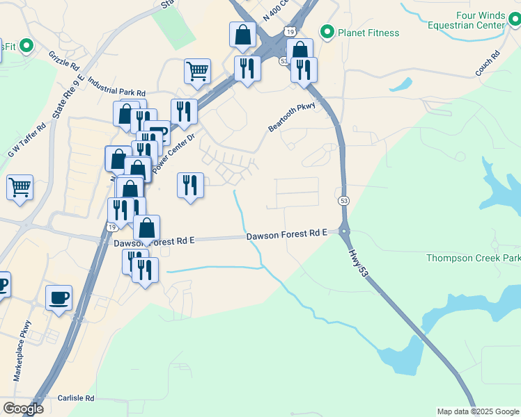 map of restaurants, bars, coffee shops, grocery stores, and more near 63 Briarwood Drive West in Dawsonville