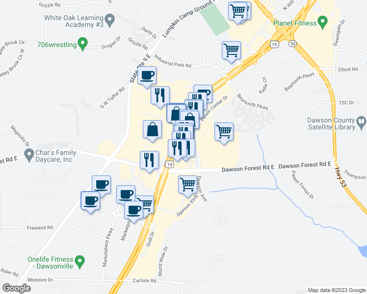 map of restaurants, bars, coffee shops, grocery stores, and more near 837 Georgia 400 in Dawsonville