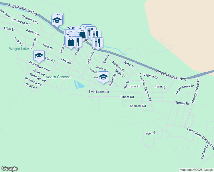 map of restaurants, bars, coffee shops, grocery stores, and more near 1507 Irene Street in Wrightwood