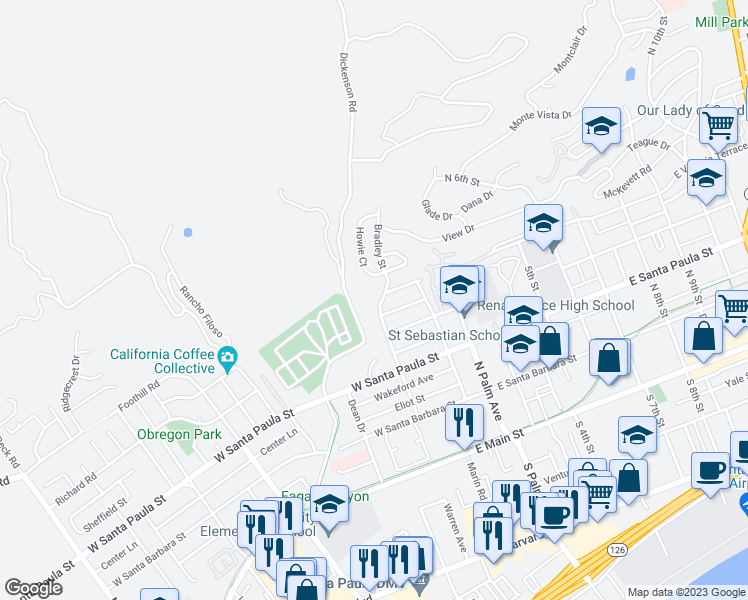 map of restaurants, bars, coffee shops, grocery stores, and more near 426 Bradley Street in Santa Paula