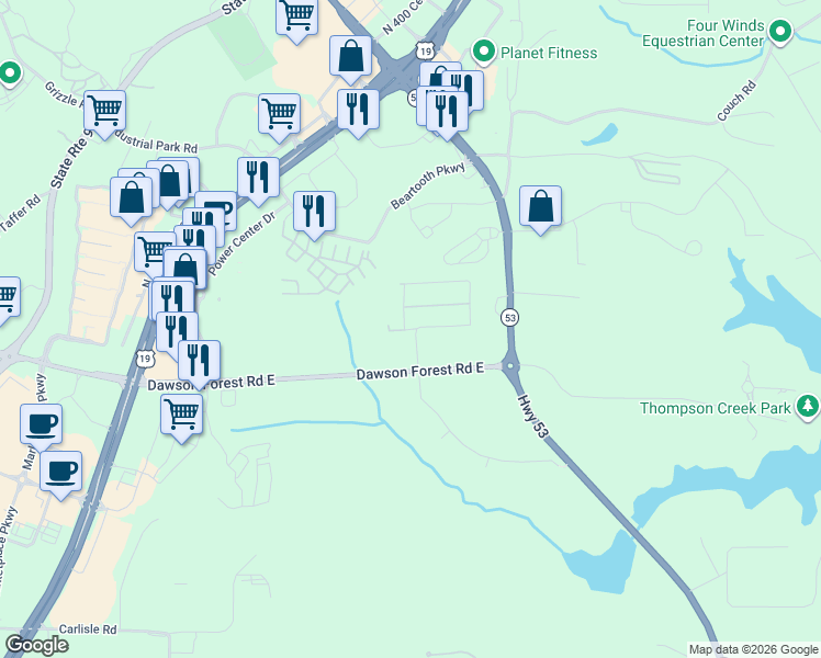 map of restaurants, bars, coffee shops, grocery stores, and more near 7142 Georgia 53 in Dawsonville