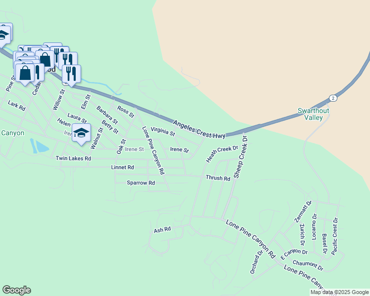 map of restaurants, bars, coffee shops, grocery stores, and more near 1876 Irene Street in Wrightwood