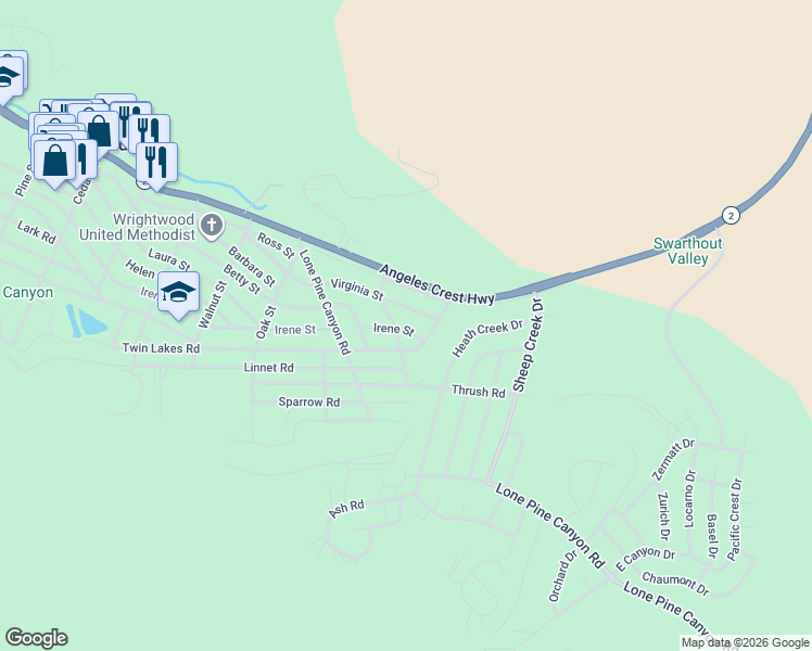 map of restaurants, bars, coffee shops, grocery stores, and more near 1876 Irene Street in Wrightwood