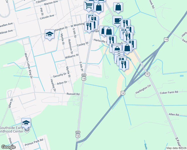 map of restaurants, bars, coffee shops, grocery stores, and more near 1403 South 5th Street in Hartsville