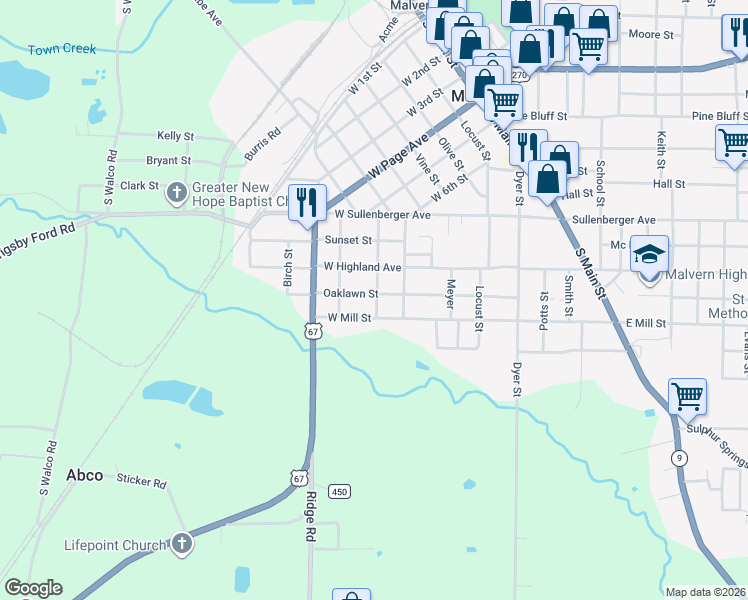 map of restaurants, bars, coffee shops, grocery stores, and more near 501 West Mill Street in Malvern