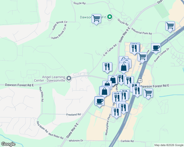 map of restaurants, bars, coffee shops, grocery stores, and more near 3100-3232 Dawson Forest Road East in Dawsonville