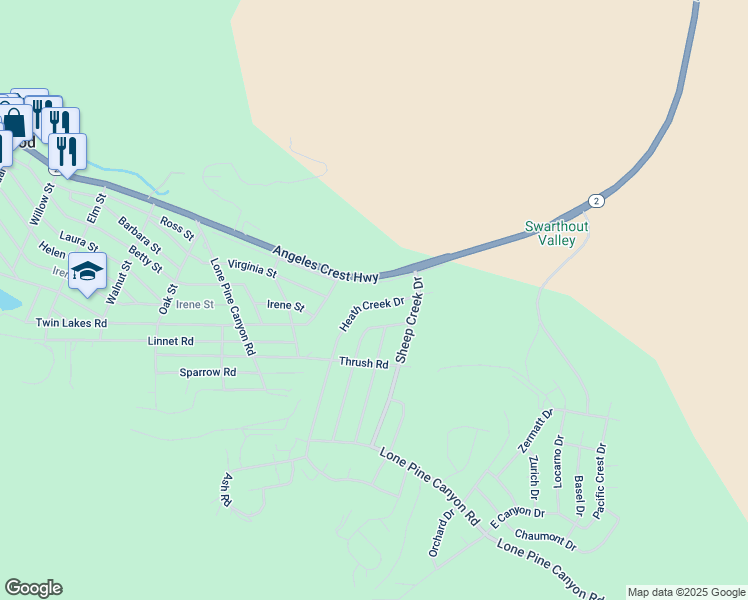 map of restaurants, bars, coffee shops, grocery stores, and more near 5768 Heath Creek Drive in Wrightwood