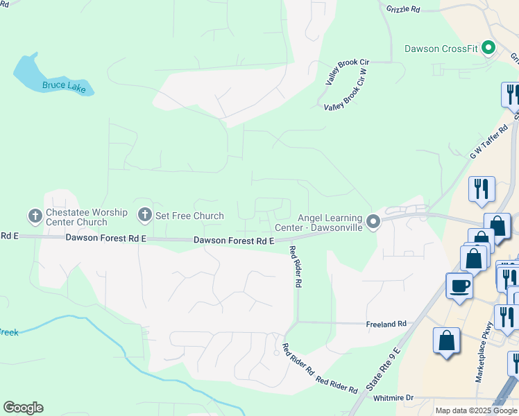 map of restaurants, bars, coffee shops, grocery stores, and more near 22 Brickton Way West in Dawsonville