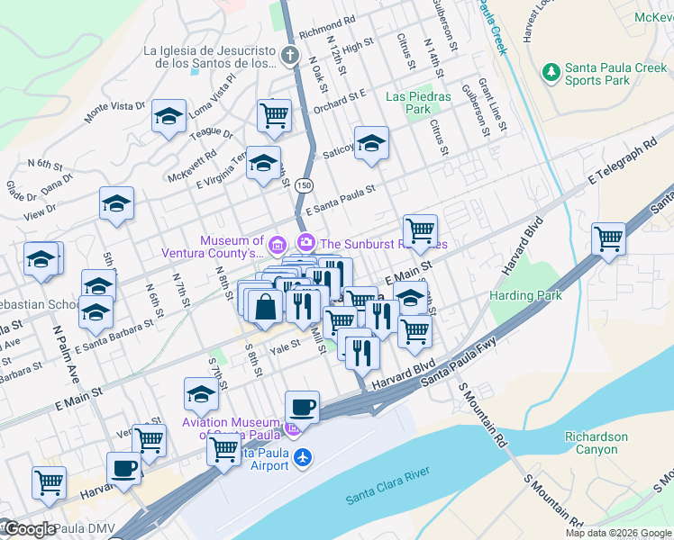 map of restaurants, bars, coffee shops, grocery stores, and more near 130 North Ojai Street in Santa Paula