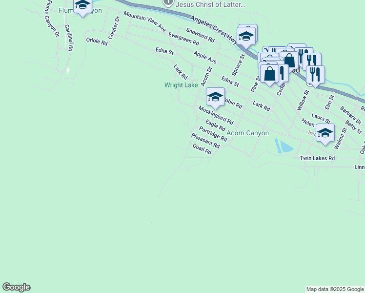 map of restaurants, bars, coffee shops, grocery stores, and more near 5774 Acorn Drive in Wrightwood