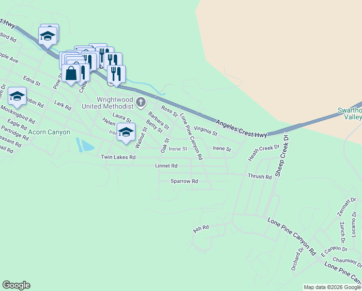 map of restaurants, bars, coffee shops, grocery stores, and more near 1698 Irene Street in Wrightwood