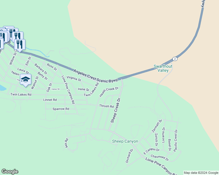 map of restaurants, bars, coffee shops, grocery stores, and more near 5768 Heath Creek Drive in Wrightwood