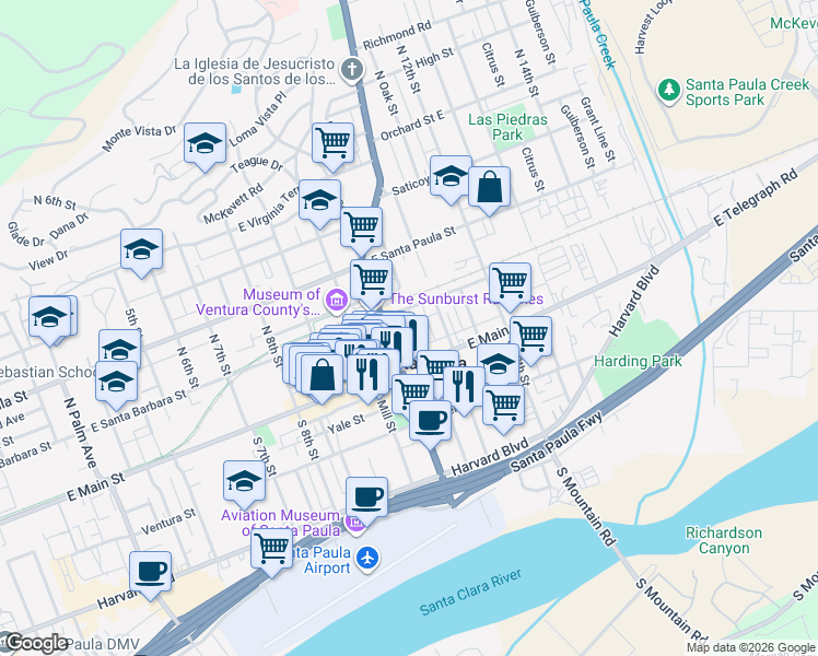 map of restaurants, bars, coffee shops, grocery stores, and more near 130 North Ojai Street in Santa Paula
