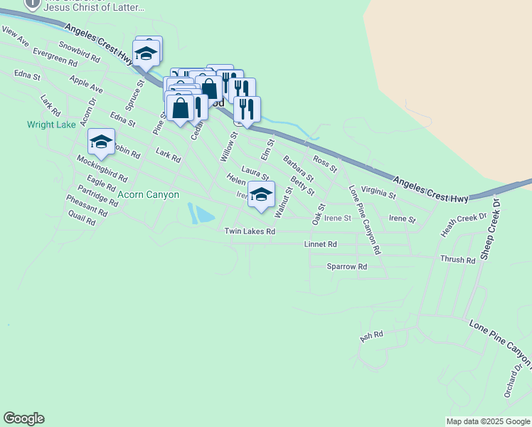 map of restaurants, bars, coffee shops, grocery stores, and more near 1495 Irene Street in Wrightwood